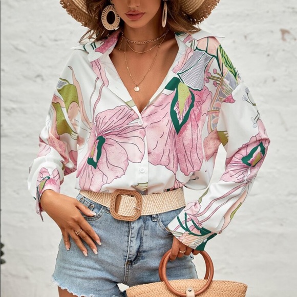 Boho Floral Print Button Down Shirt Top Blouse - Picture 12 of 14